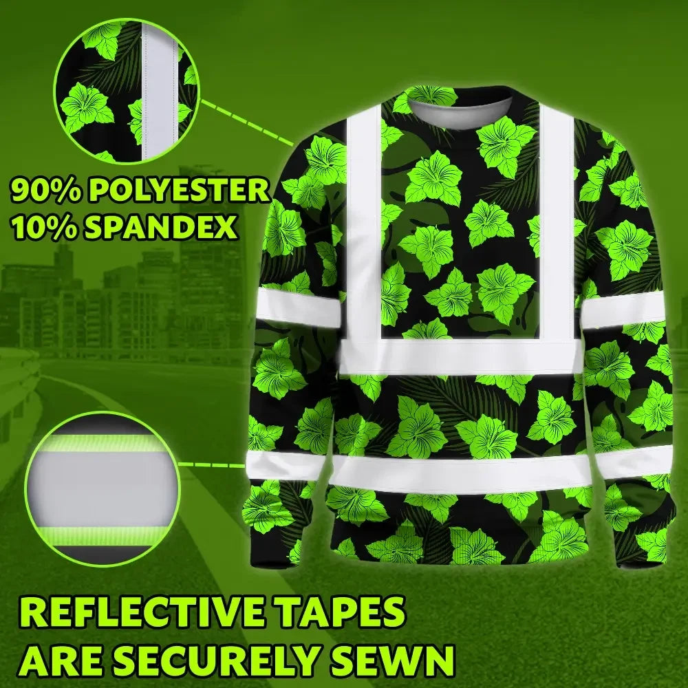 Hi Vis Long Sleeve Reflective Tapes Green Neon Flowers 3 Custom Name