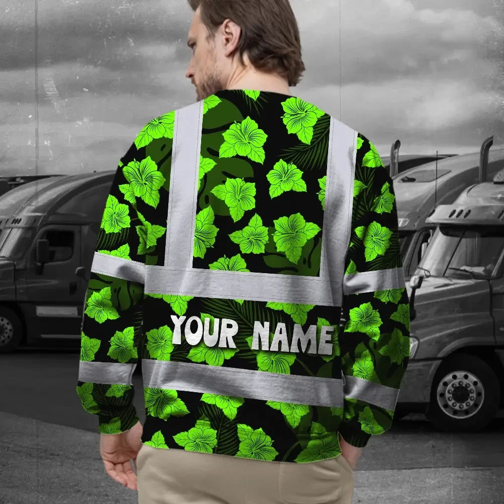 Hi Vis Long Sleeve Reflective Tapes Green Neon Flowers 3 Custom Name
