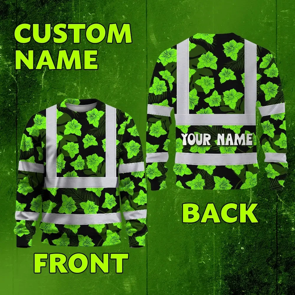 Hi Vis Long Sleeve Reflective Tapes Green Neon Flowers 3 Custom Name