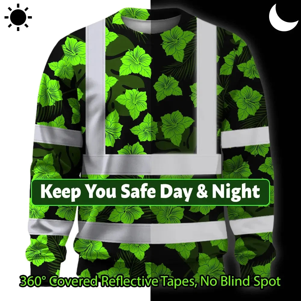 Hi Vis Long Sleeve Reflective Tapes Green Neon Flowers 3 Custom Name