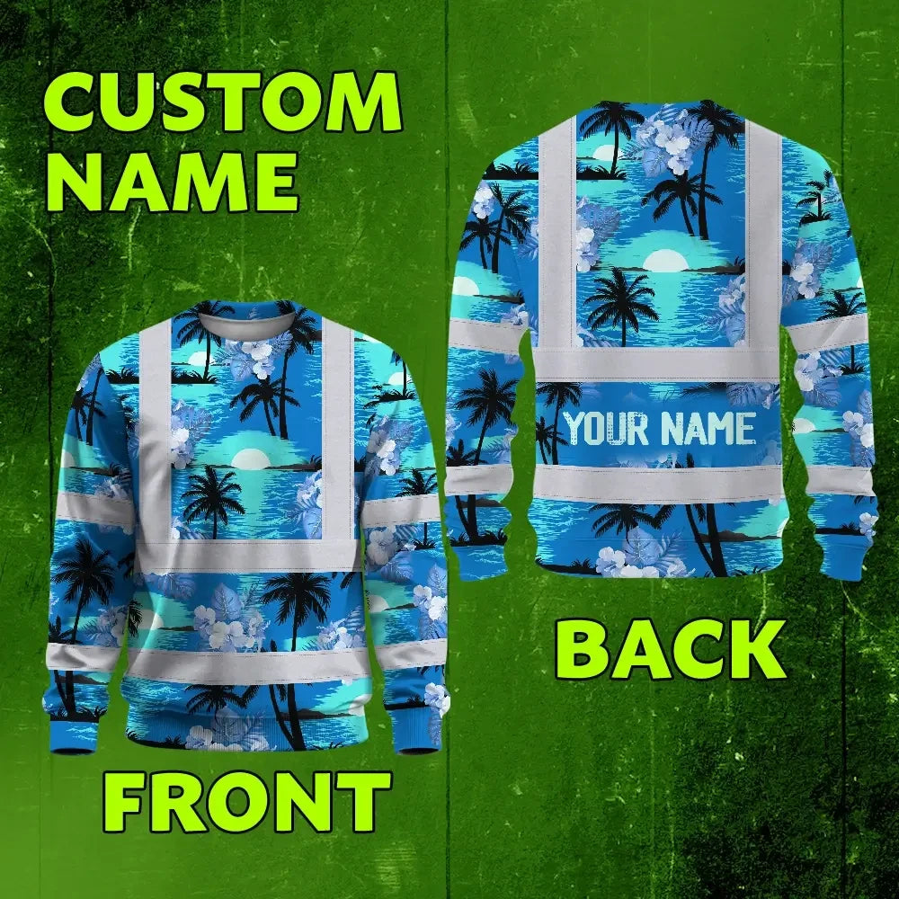 Hi Vis Long Sleeve Shirt Reflective Tapes Blue Neon Flowers 4 Custom Name