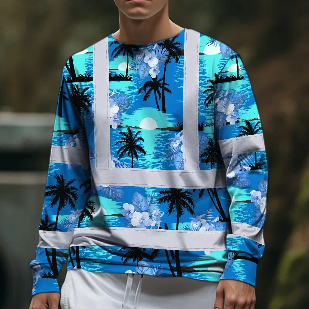 Hi Vis Long Sleeve Shirt Reflective Tapes Blue Neon Flowers 4 Custom Name