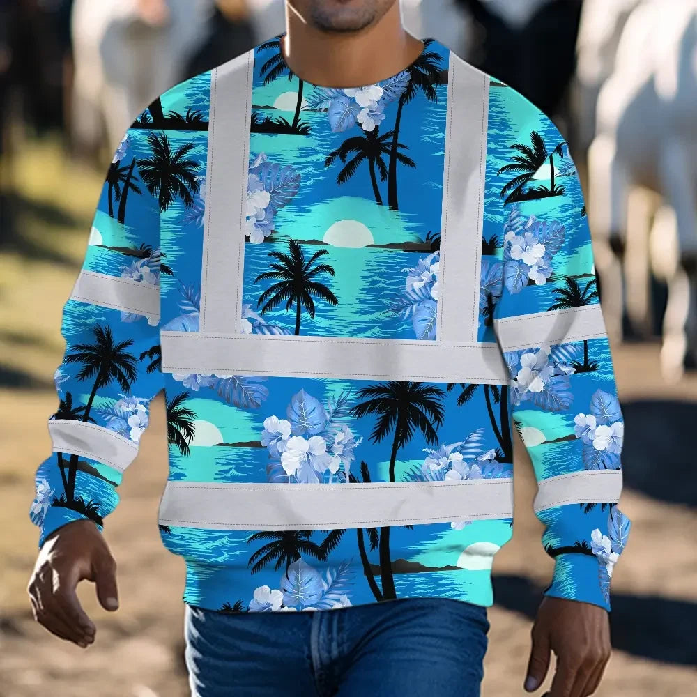 Hi Vis Long Sleeve Shirt Reflective Tapes Blue Neon Flowers 4 Custom Name
