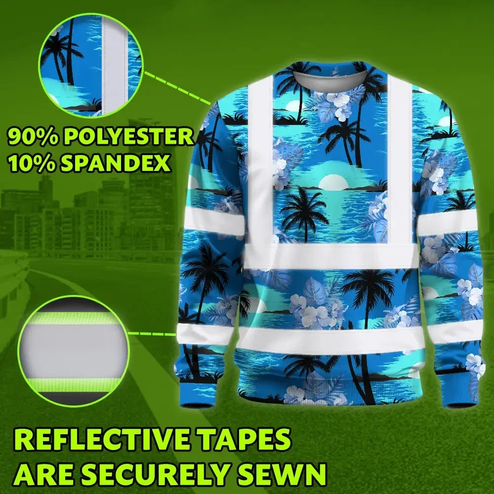 Hi Vis Long Sleeve Shirt Reflective Tapes Blue Neon Flowers 4 Custom Name