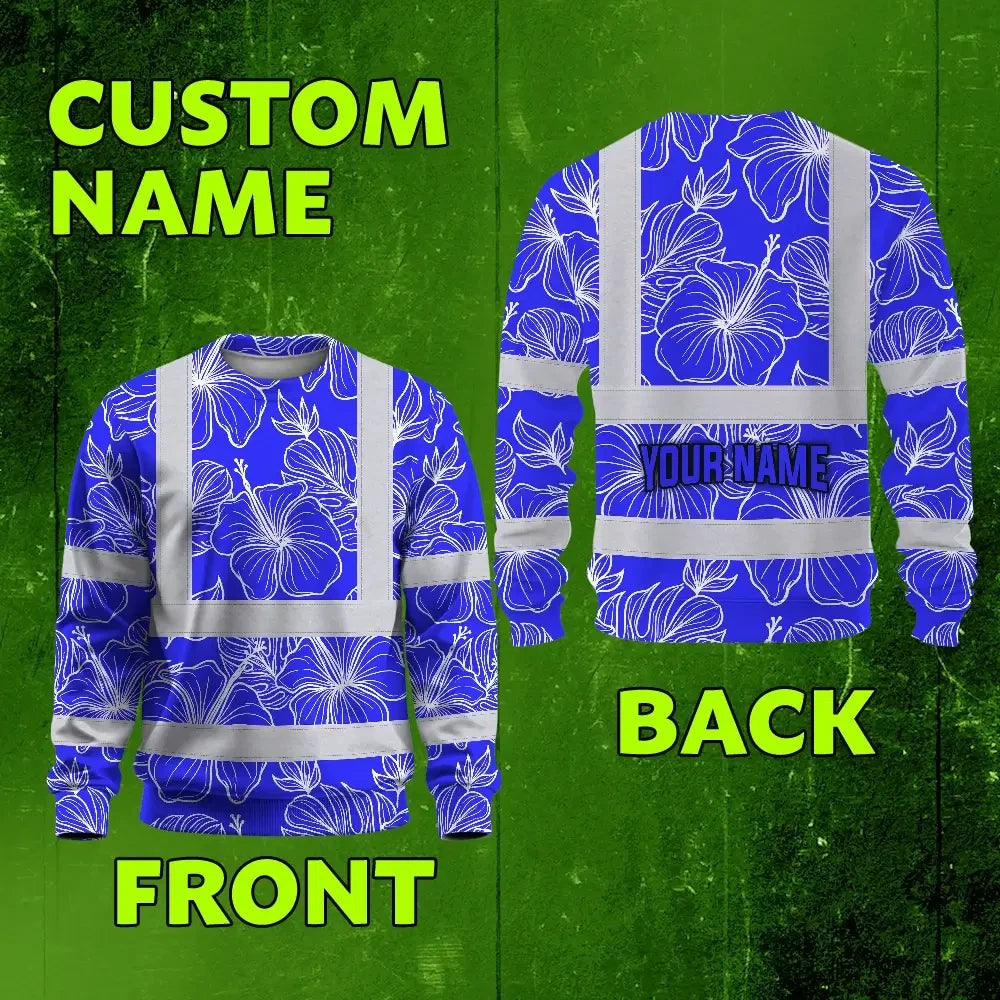 Hi Vis Long Sleeve Shirt Reflective Tapes Blue Neon Flowers Custom Name Safety Workwear For Workers, Truckers, Operators