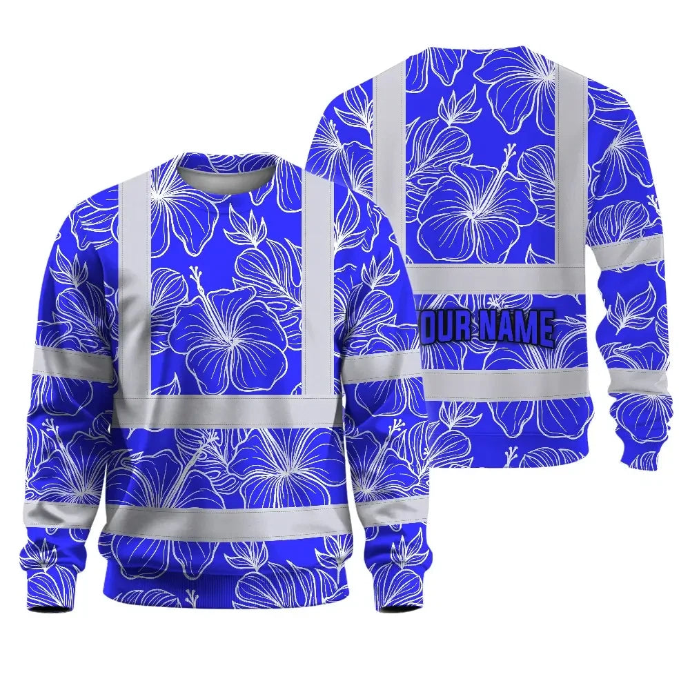 Hi Vis Long Sleeve Shirt Reflective Tapes Blue Neon Flowers Custom Name Safety Workwear For Workers, Truckers, Operators