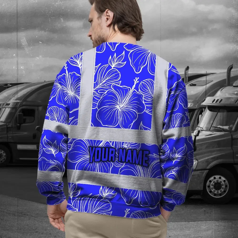 Hi Vis Long Sleeve Shirt Reflective Tapes Blue Neon Flowers Custom Name Safety Workwear For Workers, Truckers, Operators