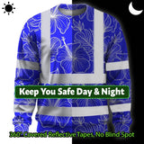 Hi Vis Long Sleeve Shirt Reflective Tapes Blue Neon Flowers Custom Name Safety Workwear For Workers, Truckers, Operators