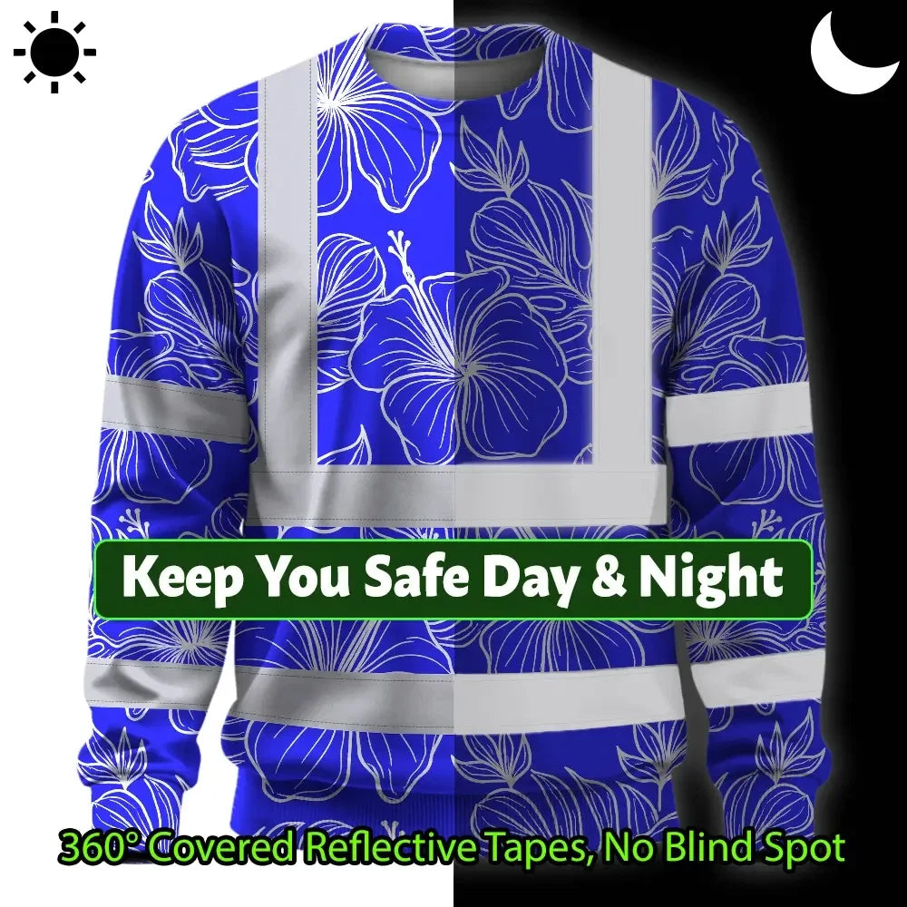 Hi Vis Long Sleeve Shirt Reflective Tapes Blue Neon Flowers Custom Name Safety Workwear For Workers, Truckers, Operators