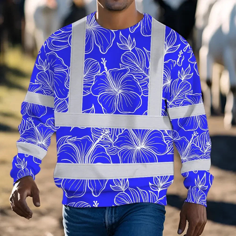 Hi Vis Long Sleeve Shirt Reflective Tapes Blue Neon Flowers Custom Name Safety Workwear For Workers, Truckers, Operators