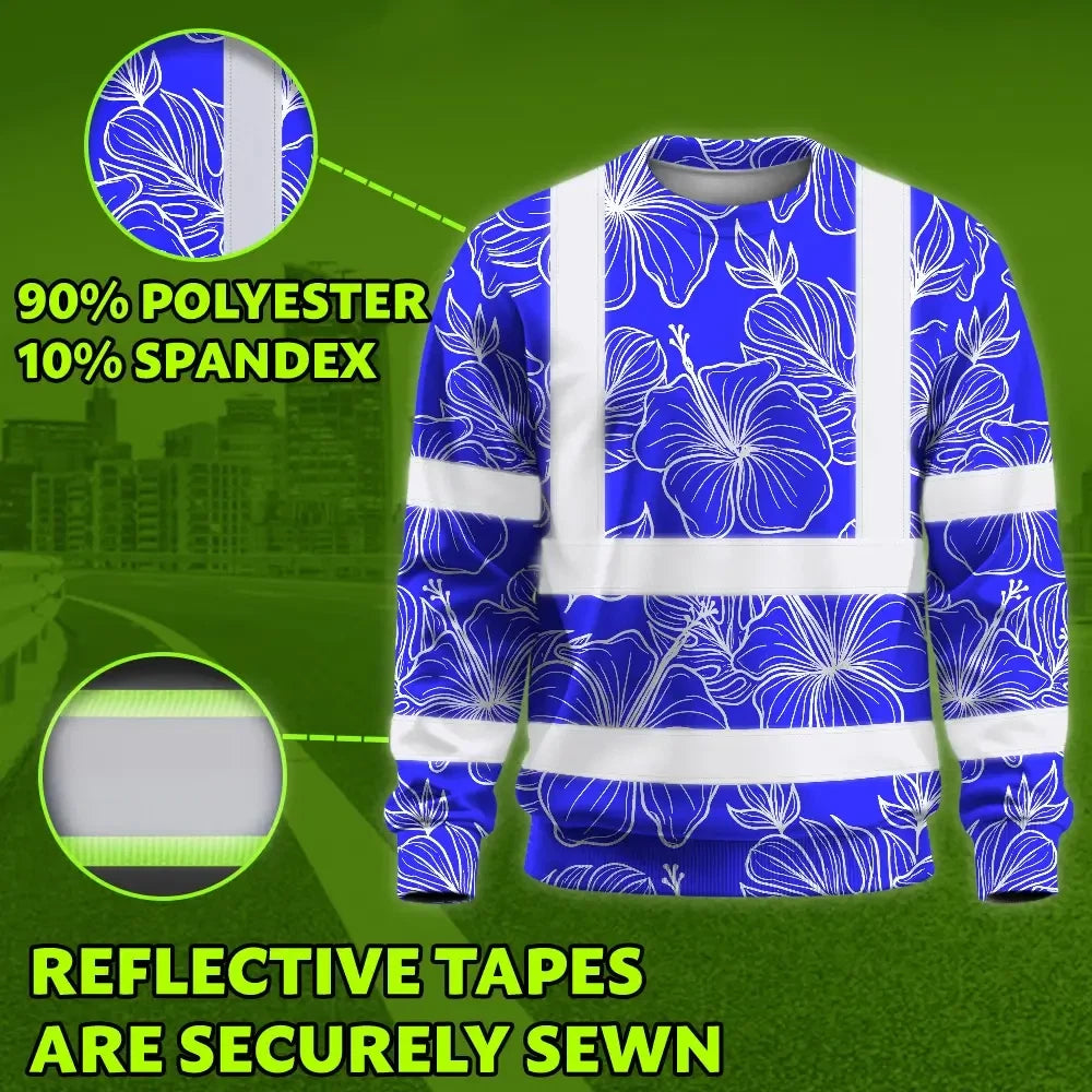 Hi Vis Long Sleeve Shirt Reflective Tapes Blue Neon Flowers Custom Name Safety Workwear For Workers, Truckers, Operators