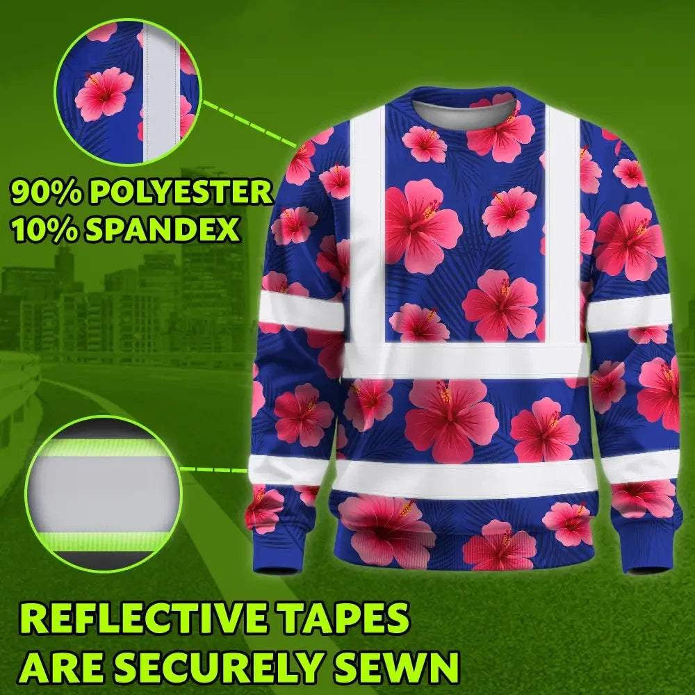 Hi Vis Long Sleeve Shirt Reflective Tapes Blue Neon Pink Flowers Custom Name