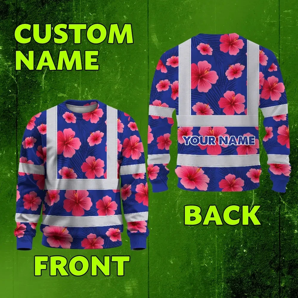 Hi Vis Long Sleeve Shirt Reflective Tapes Blue Neon Pink Flowers Custom Name