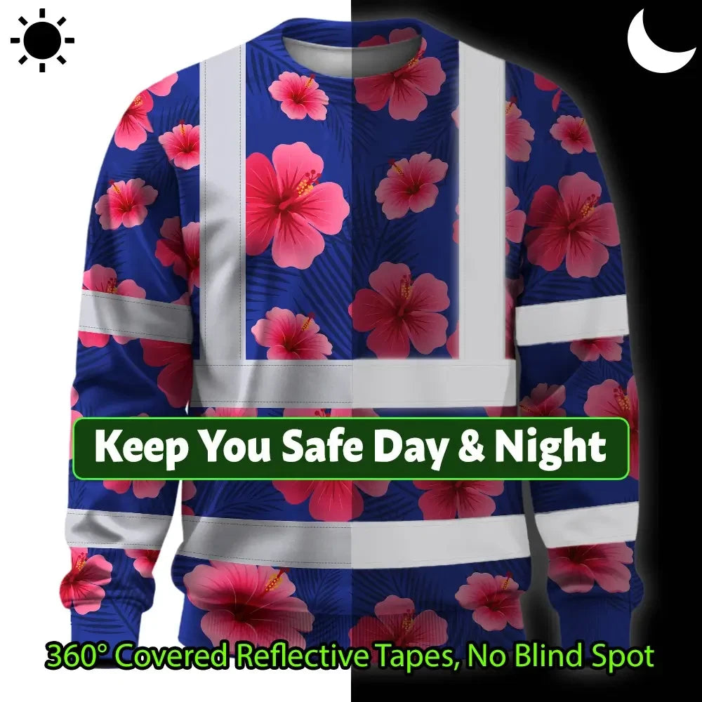 Hi Vis Long Sleeve Shirt Reflective Tapes Blue Neon Pink Flowers Custom Name