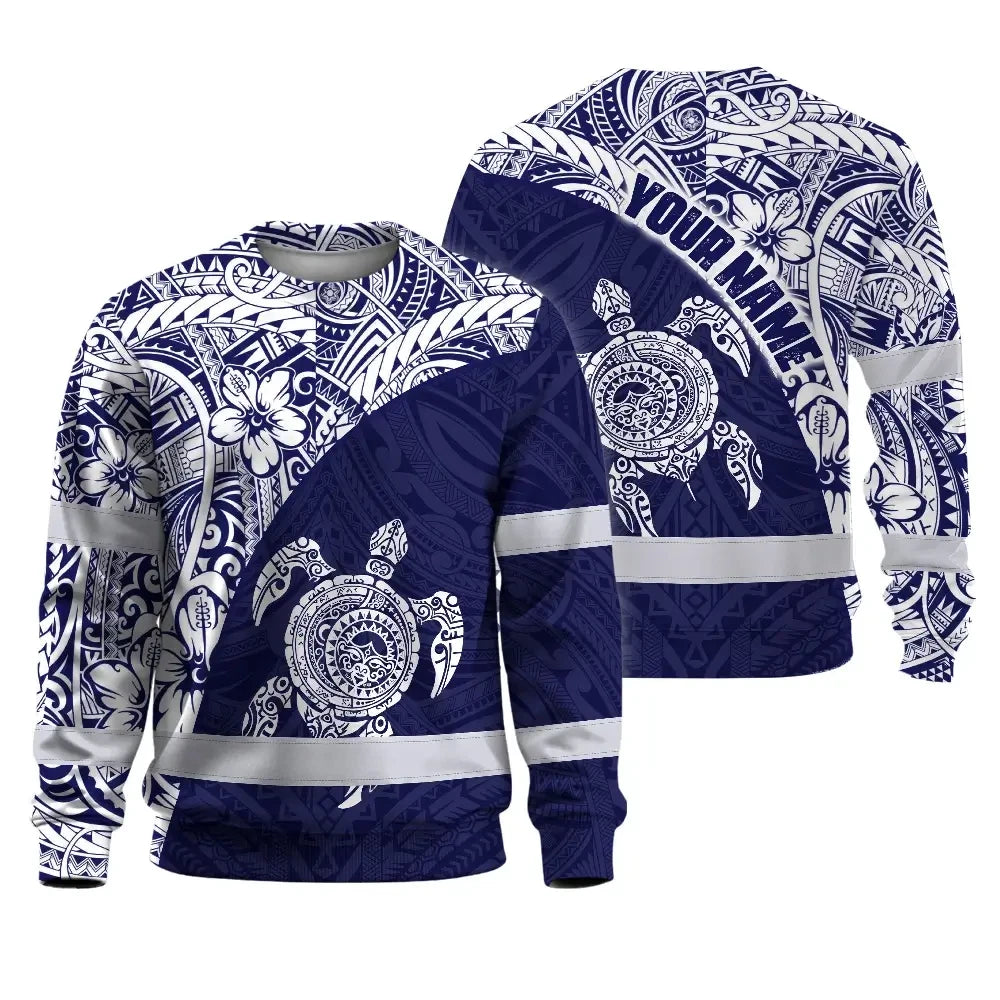 Hi Vis Long Sleeve Shirt Reflective Tapes Blue White Turtle Hawaiian Polynesian Tribal
