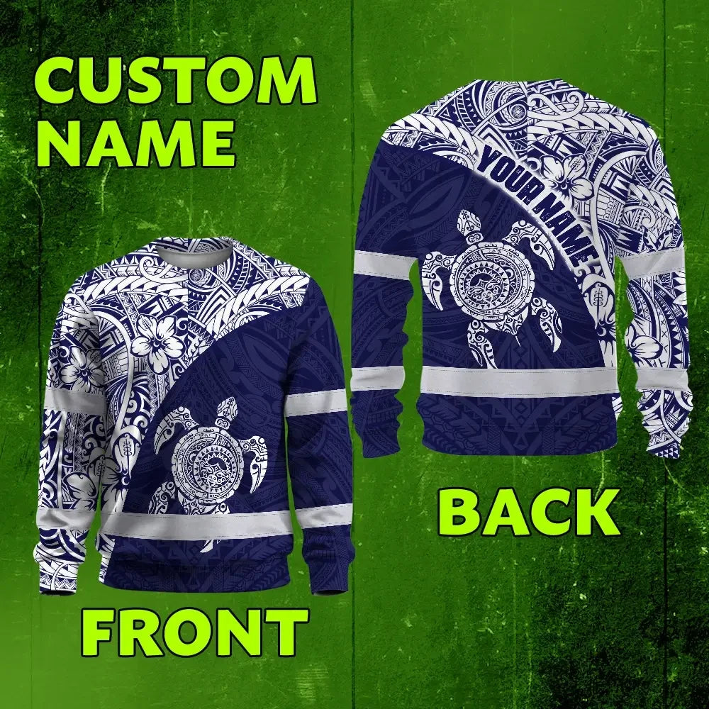 Hi Vis Long Sleeve Shirt Reflective Tapes Blue White Turtle Hawaiian Polynesian Tribal