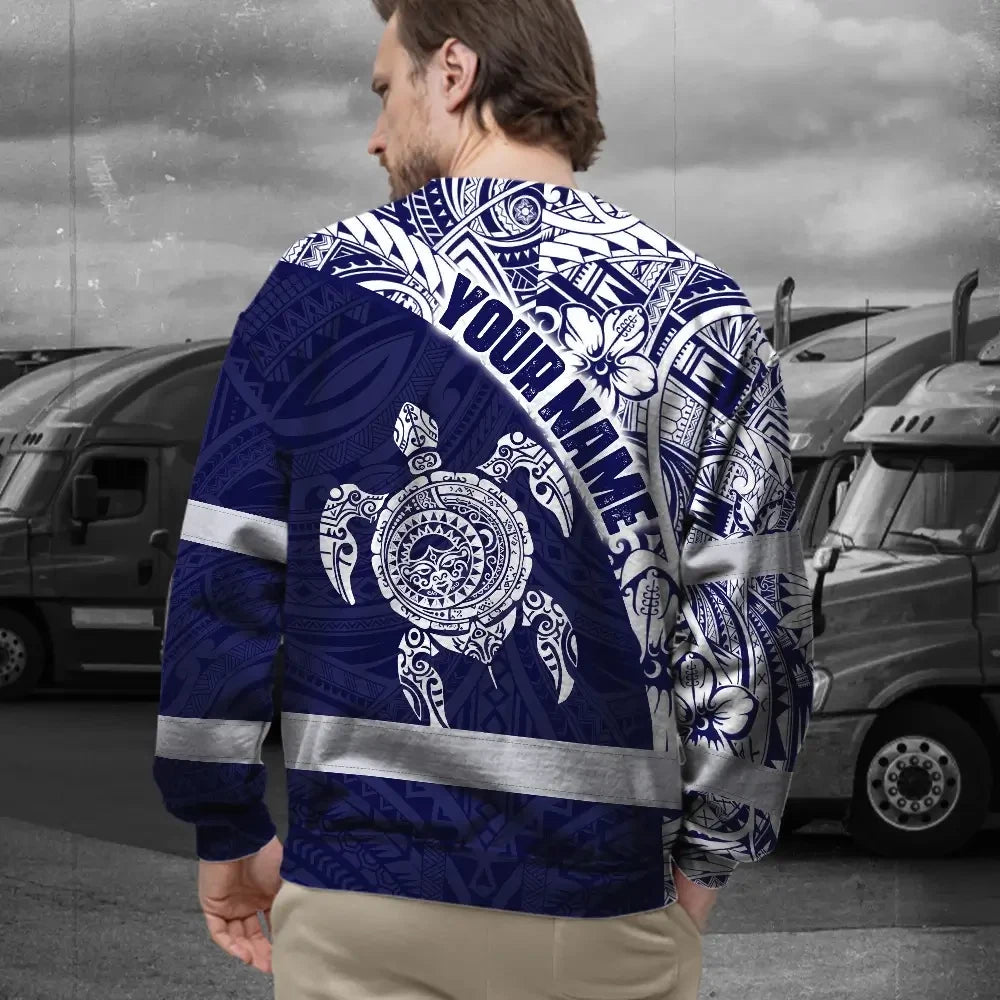 Hi Vis Long Sleeve Shirt Reflective Tapes Blue White Turtle Hawaiian Polynesian Tribal
