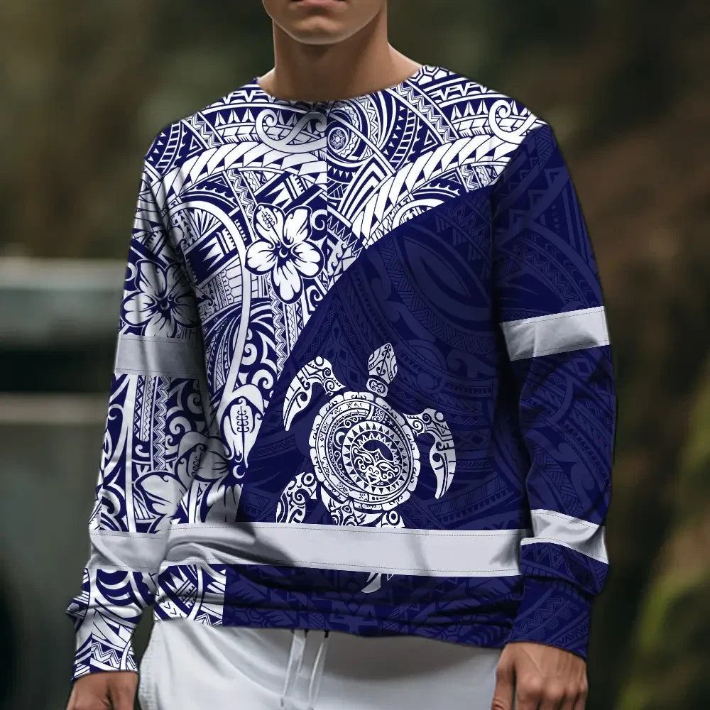 Hi Vis Long Sleeve Shirt Reflective Tapes Blue White Turtle Hawaiian Polynesian Tribal