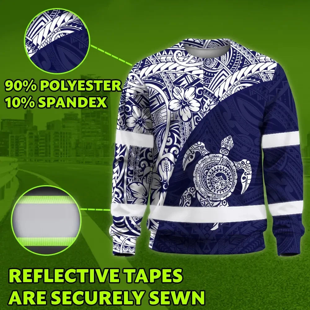 Hi Vis Long Sleeve Shirt Reflective Tapes Blue White Turtle Hawaiian Polynesian Tribal