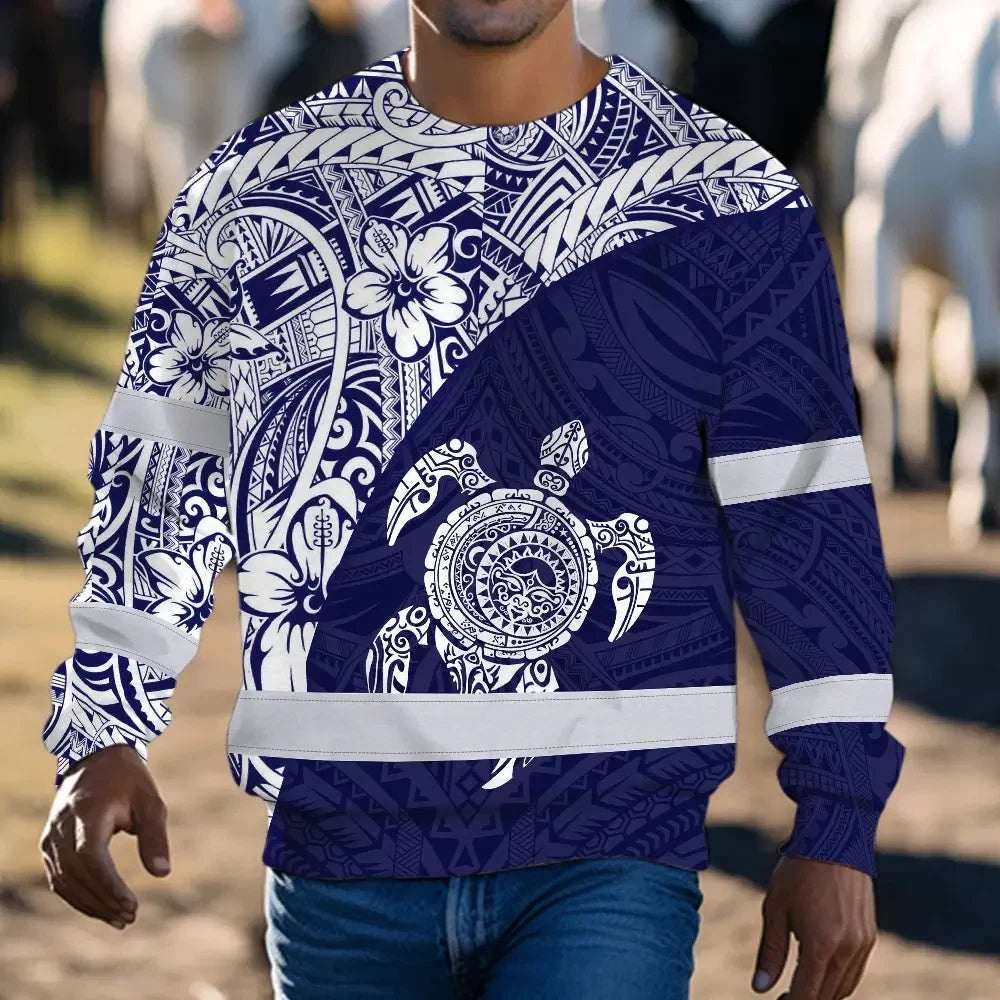 Hi Vis Long Sleeve Shirt Reflective Tapes Blue White Turtle Hawaiian Polynesian Tribal