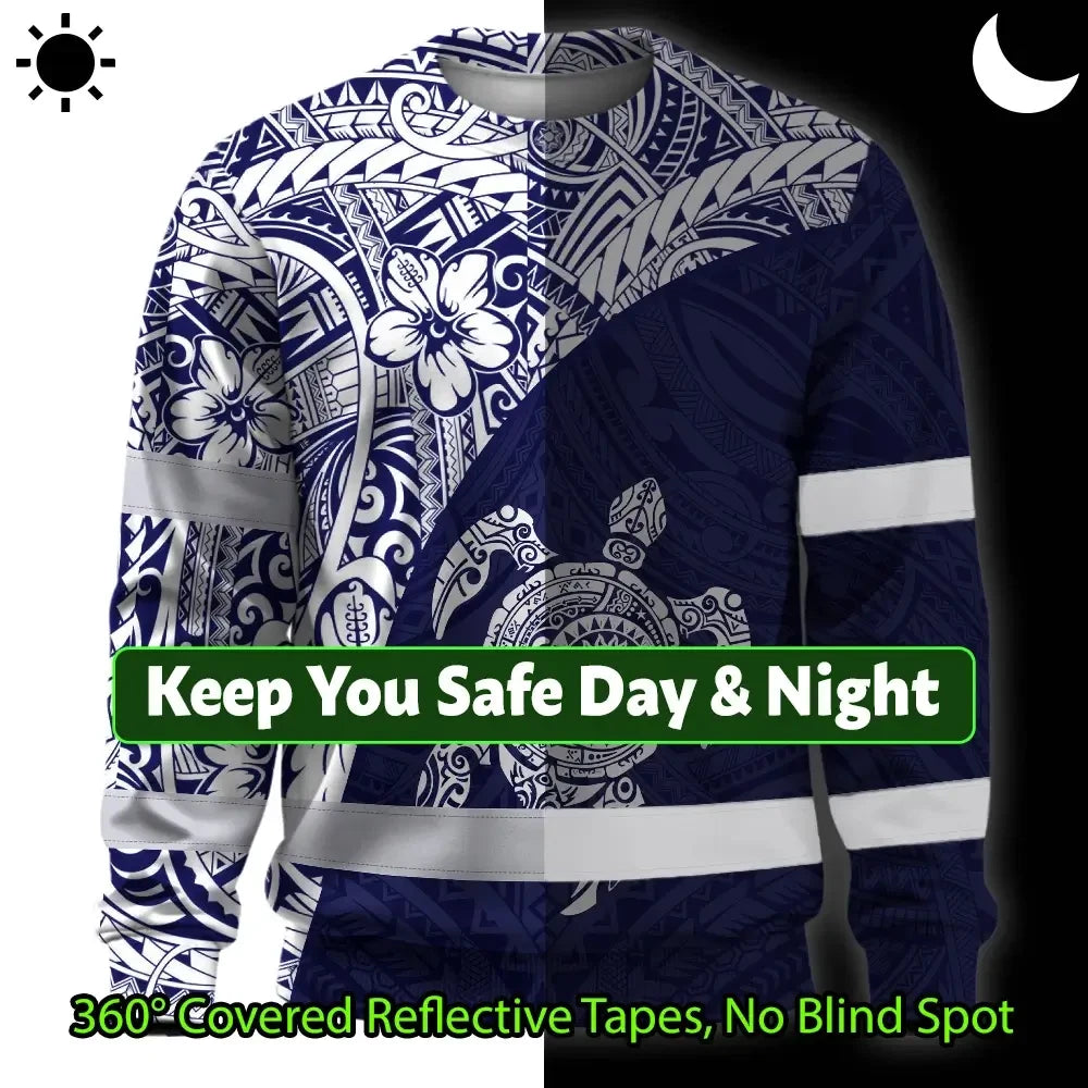 Hi Vis Long Sleeve Shirt Reflective Tapes Blue White Turtle Hawaiian Polynesian Tribal