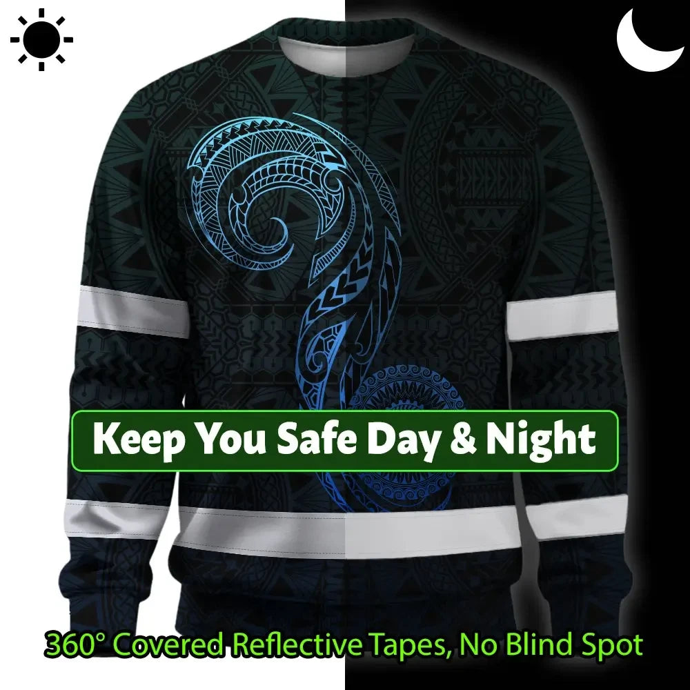 Hi Vis Long Sleeve Shirt Reflective Tapes Gradient Blue Neon Hawaii Custom Name