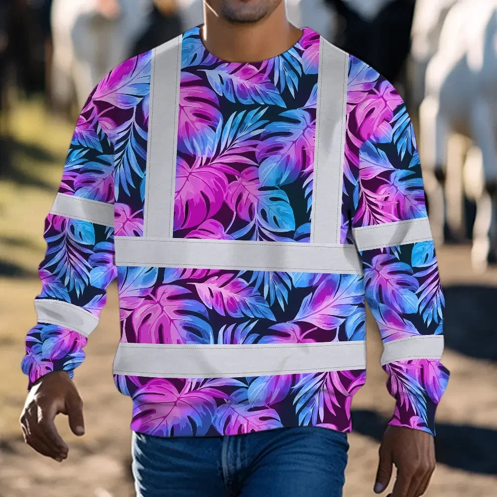 Hi Vis Long Sleeve Shirt Reflective Tapes Gradient Blue Violet Custom Name Safety Workwear For Workers, Truckers, Operators