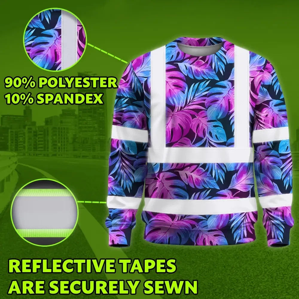 Hi Vis Long Sleeve Shirt Reflective Tapes Gradient Blue Violet Custom Name Safety Workwear For Workers, Truckers, Operators