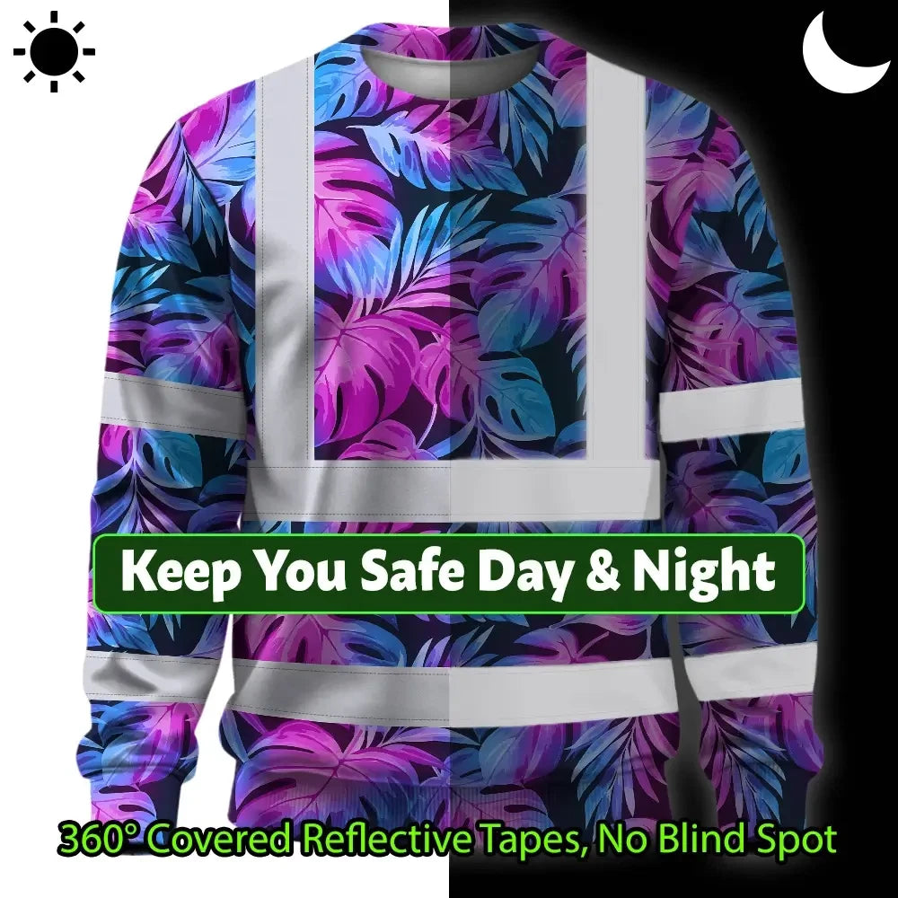 Hi Vis Long Sleeve Shirt Reflective Tapes Gradient Blue Violet Custom Name Safety Workwear For Workers, Truckers, Operators
