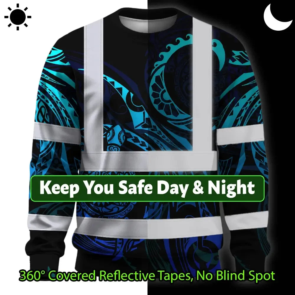 Hi Vis Long Sleeve Shirt Reflective Tapes Gradient Turtle Hawaiian Polynesian Tribal Custom Name
