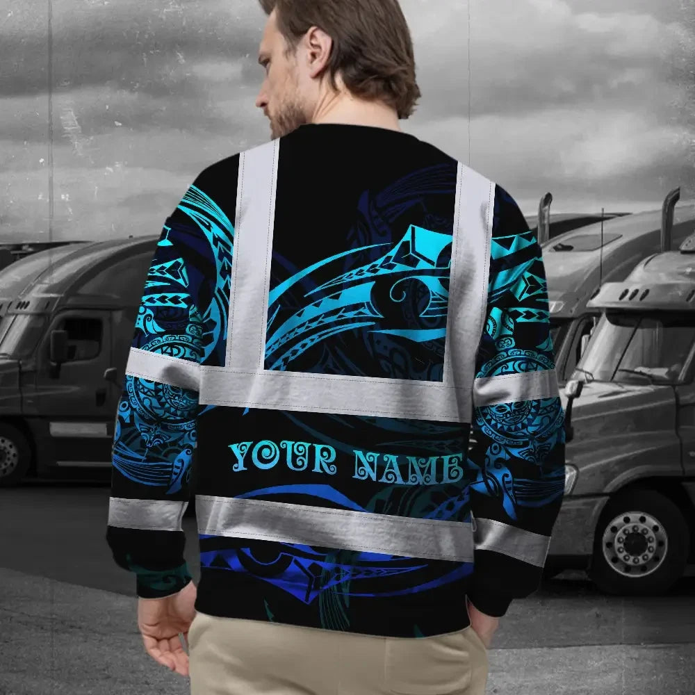 Hi Vis Long Sleeve Shirt Reflective Tapes Gradient Turtle Hawaiian Polynesian Tribal Custom Name