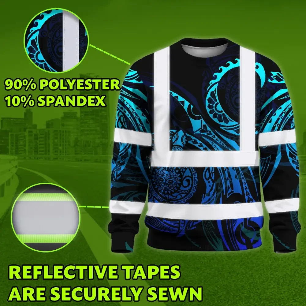 Hi Vis Long Sleeve Shirt Reflective Tapes Gradient Turtle Hawaiian Polynesian Tribal Custom Name