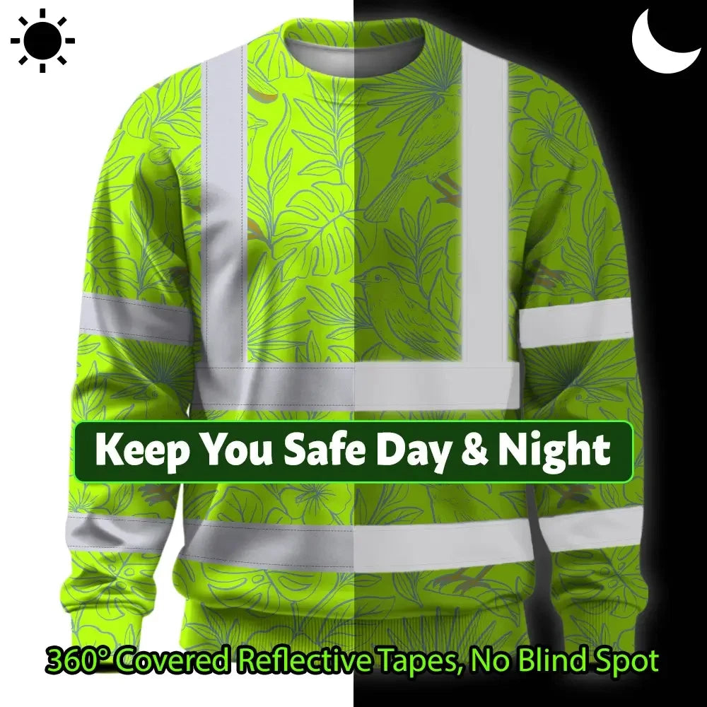 Hi Vis Long Sleeve Shirt Reflective Tapes Green Grey Flowers Custom Name Safety Workwear For Workers, Truckers, Operators