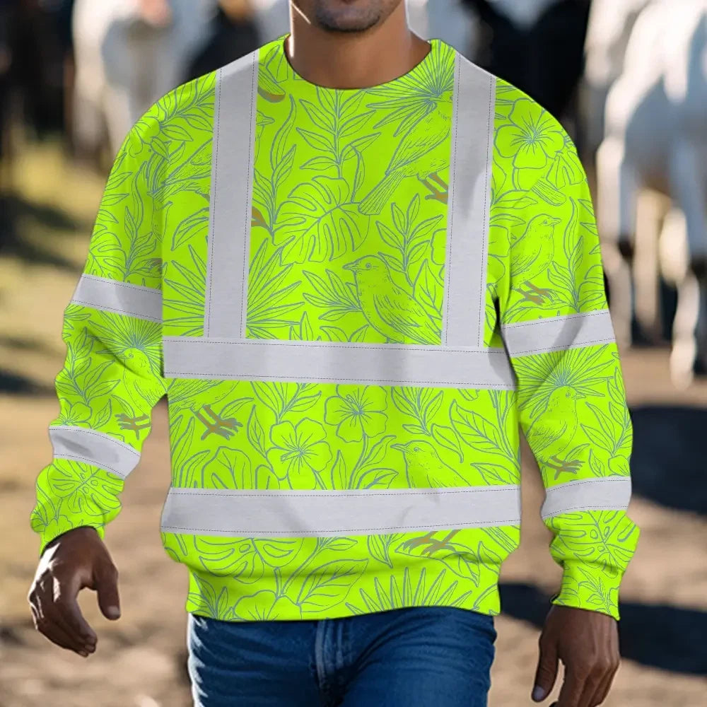 Hi Vis Long Sleeve Shirt Reflective Tapes Green Grey Flowers Custom Name Safety Workwear For Workers, Truckers, Operators