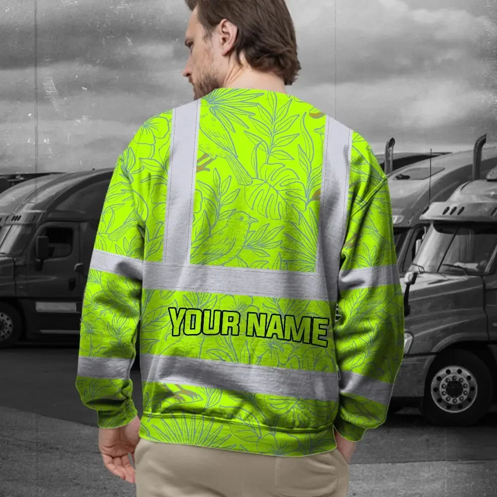 Hi Vis Long Sleeve Shirt Reflective Tapes Green Grey Flowers Custom Name Safety Workwear For Workers, Truckers, Operators