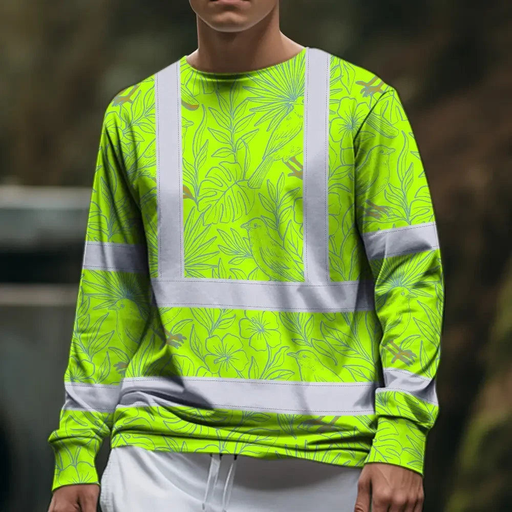 Hi Vis Long Sleeve Shirt Reflective Tapes Green Grey Flowers Custom Name Safety Workwear For Workers, Truckers, Operators