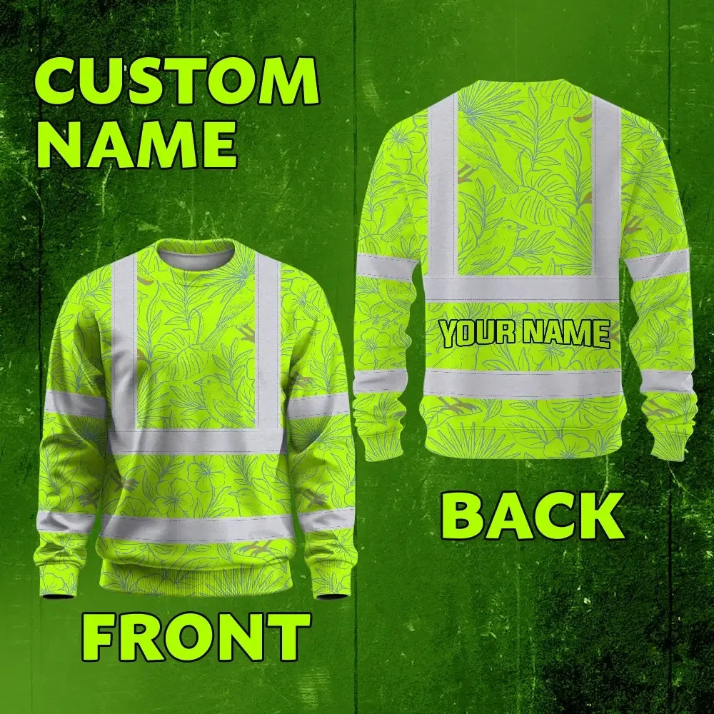 Hi Vis Long Sleeve Shirt Reflective Tapes Green Grey Flowers Custom Name Safety Workwear For Workers, Truckers, Operators