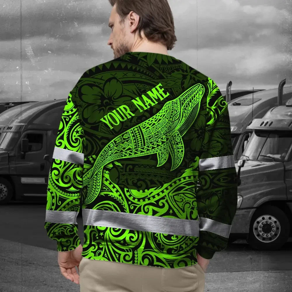 Hi Vis Long Sleeve Shirt Reflective Tapes Green Neon Hawaii Whale Custom Name