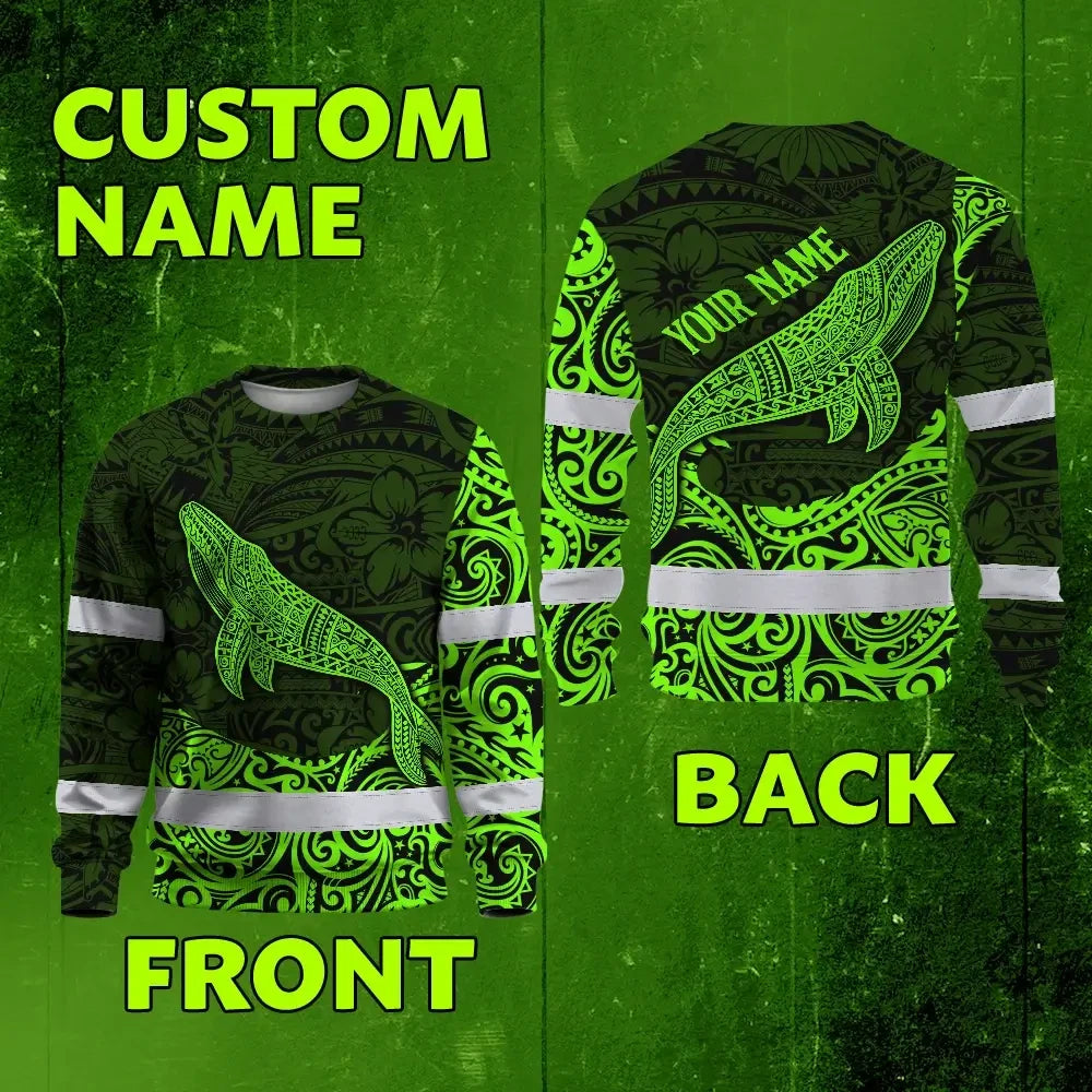 Hi Vis Long Sleeve Shirt Reflective Tapes Green Neon Hawaii Whale Custom Name