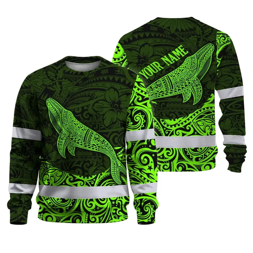 Hi Vis Long Sleeve Shirt Reflective Tapes Green Neon Hawaii Whale Custom Name