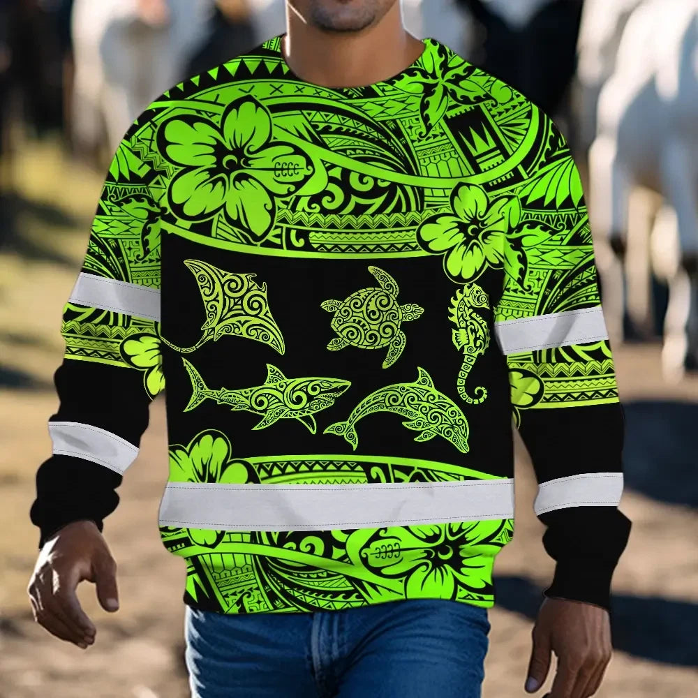 Hi Vis Long Sleeve Shirt Reflective Tapes Green Neon Hawaiian Polynesian Tribal
