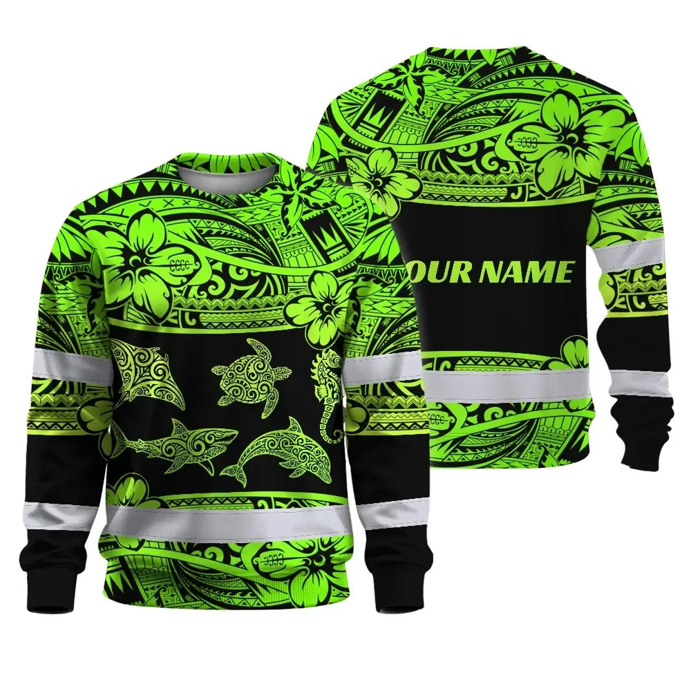 Hi Vis Long Sleeve Shirt Reflective Tapes Green Neon Hawaiian Polynesian Tribal