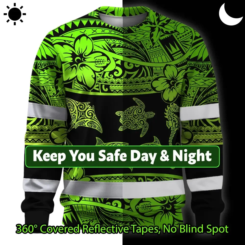 Hi Vis Long Sleeve Shirt Reflective Tapes Green Neon Hawaiian Polynesian Tribal