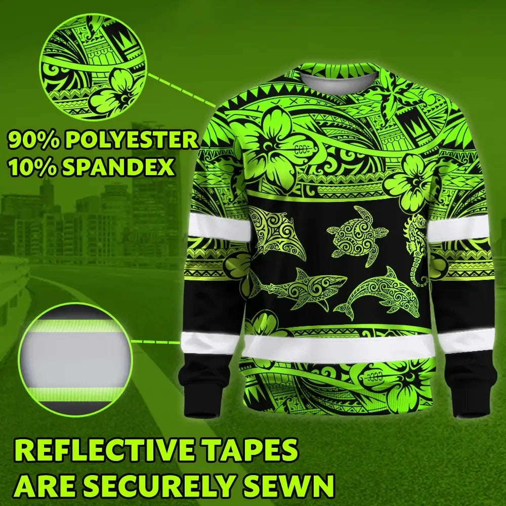 Hi Vis Long Sleeve Shirt Reflective Tapes Green Neon Hawaiian Polynesian Tribal