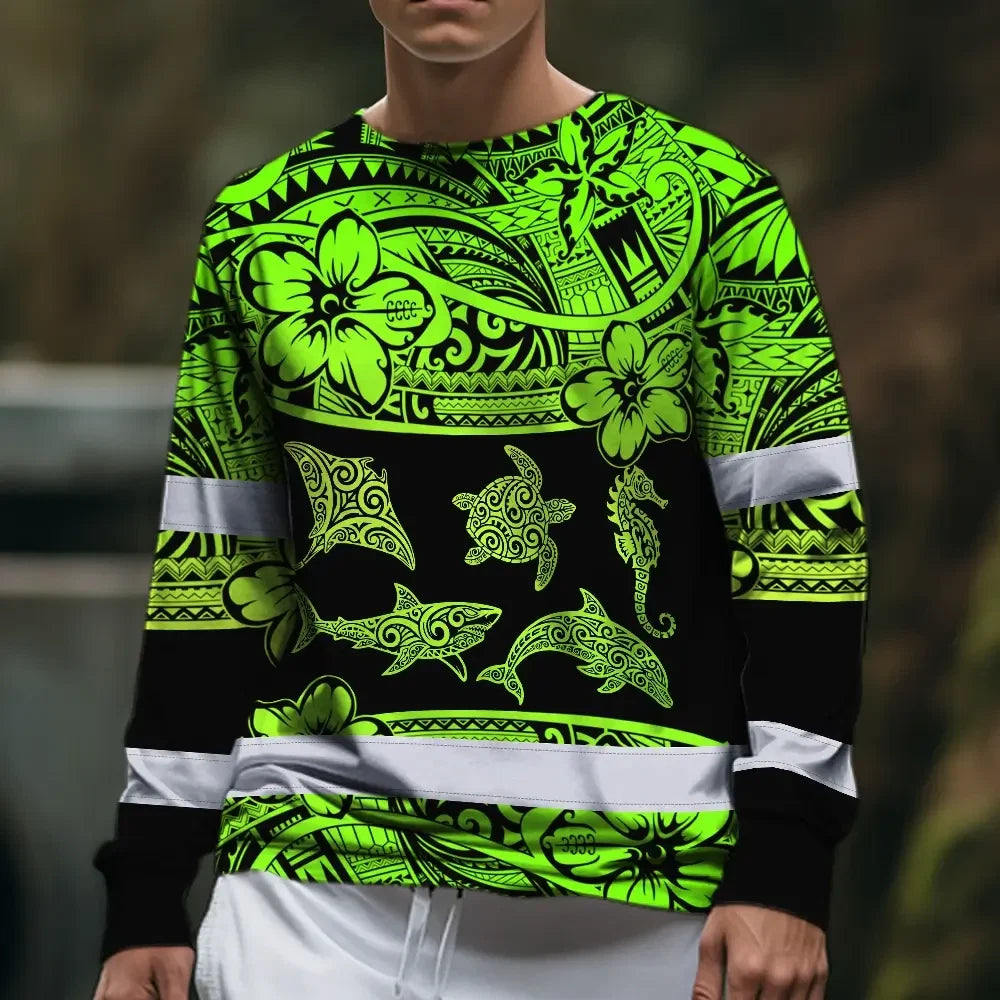 Hi Vis Long Sleeve Shirt Reflective Tapes Green Neon Hawaiian Polynesian Tribal