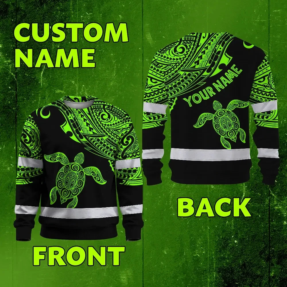 Hi Vis Long Sleeve Shirt Reflective Tapes Green Neon Turtle Hawaii Custom Name