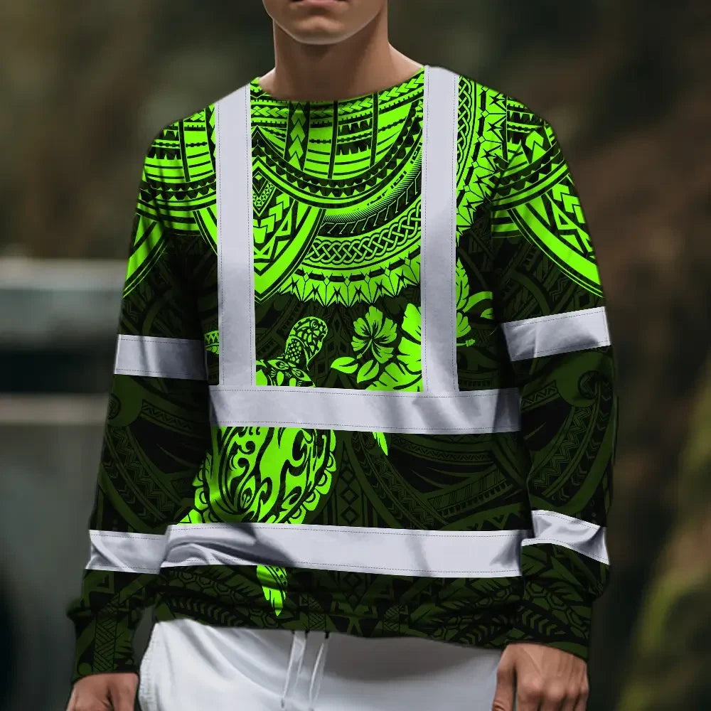 Hi Vis Long Sleeve Shirt Reflective Tapes Green Turtle Flower Hawaiian Polynesian Tribal