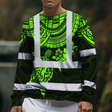 Hi Vis Long Sleeve Shirt Reflective Tapes Green Turtle Flower Hawaiian Polynesian Tribal