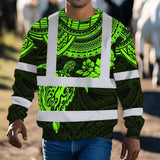 Hi Vis Long Sleeve Shirt Reflective Tapes Green Turtle Flower Hawaiian Polynesian Tribal