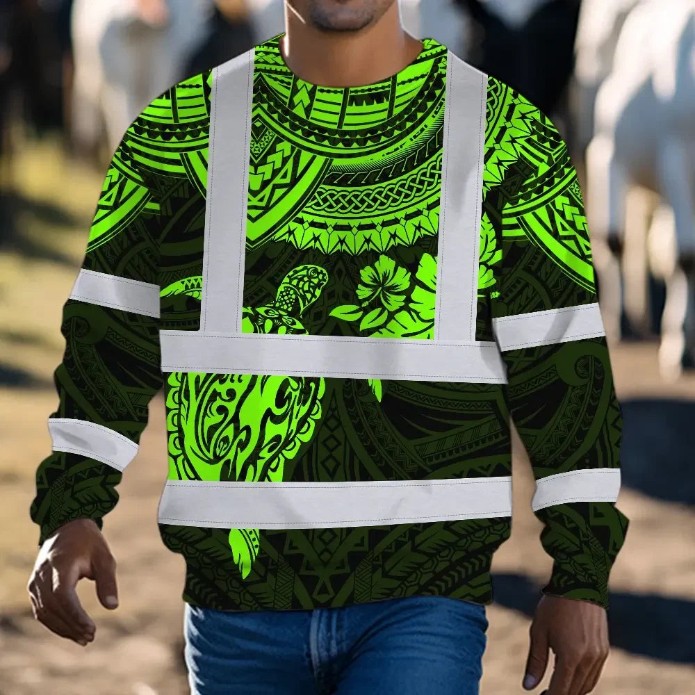 Hi Vis Long Sleeve Shirt Reflective Tapes Green Turtle Flower Hawaiian Polynesian Tribal